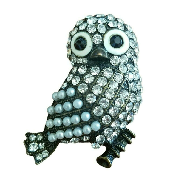Owl Large Statement Brooch Pin Clear Rhinestones Faux Pearls Bronze Tone Metal - Picture 1 of 5
